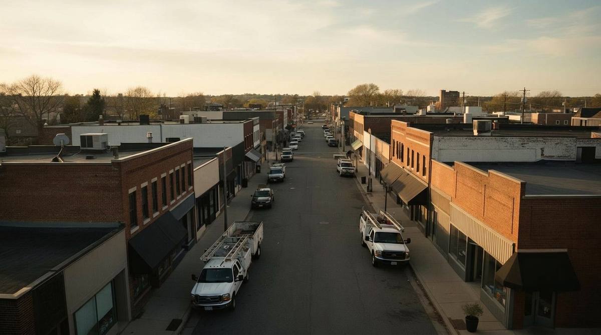American small business district at twilight