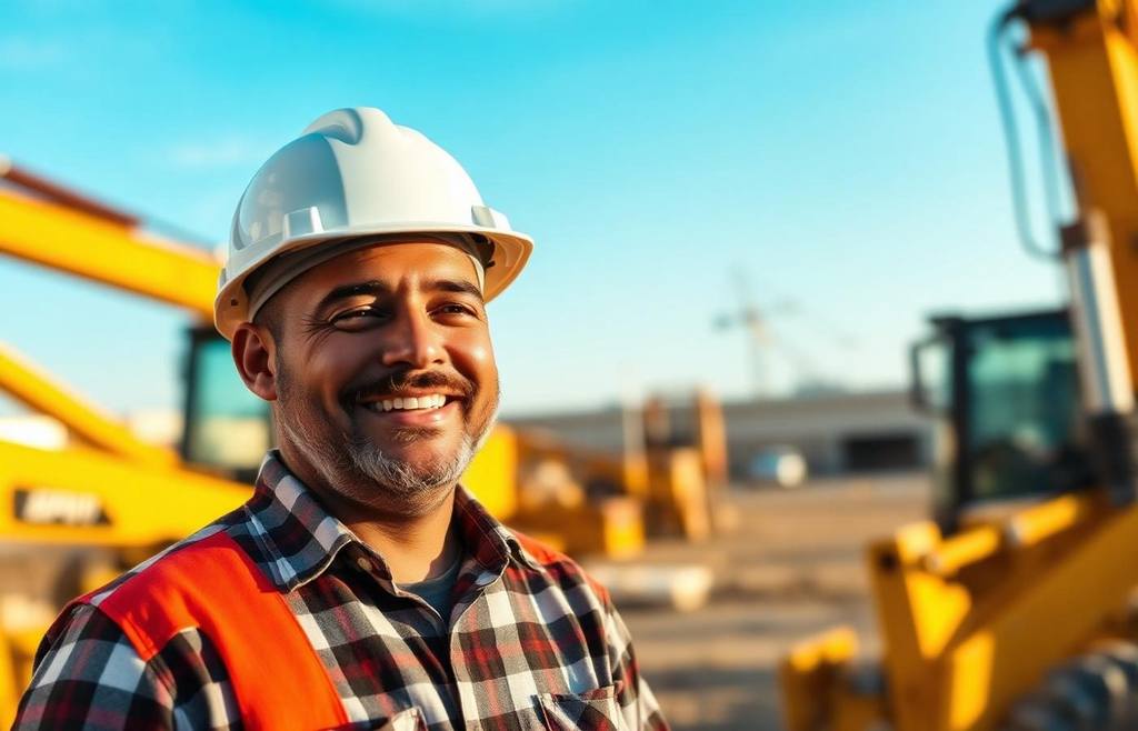 American construction business owner smiling at job site