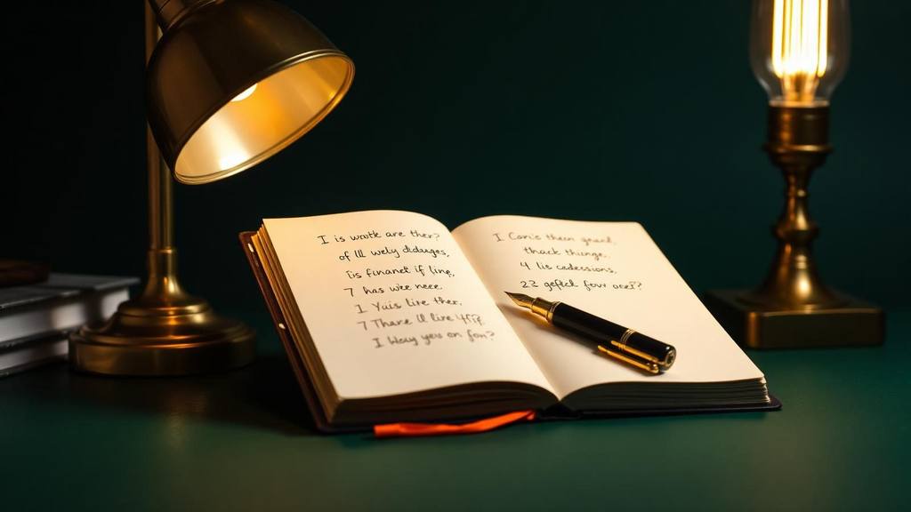 Notebook with handwritten questions and a fountain pen