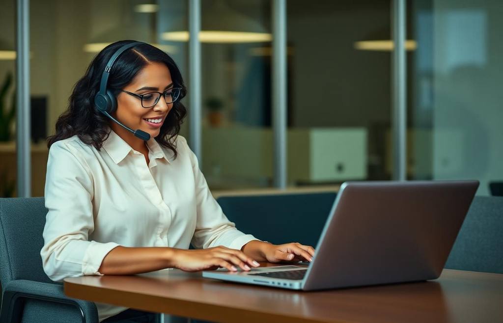 Account specialist on a headset reviewing a file