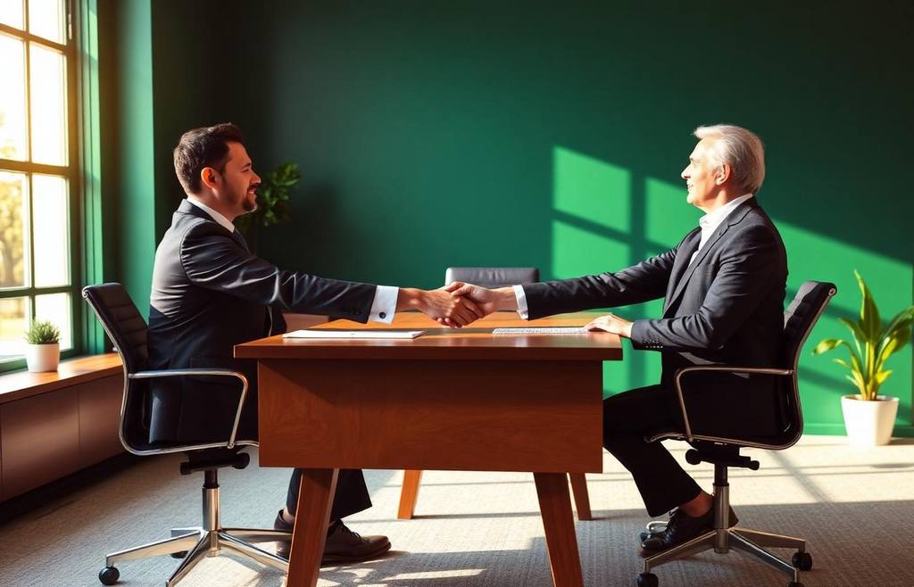 Two American business professionals shaking hands in office